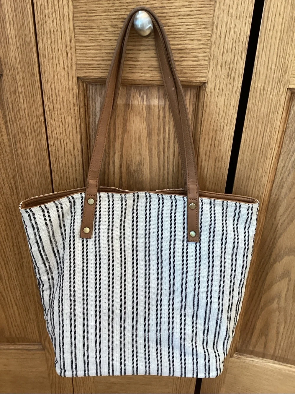 “Grateful” blue and white striped tote bag with tan straps
